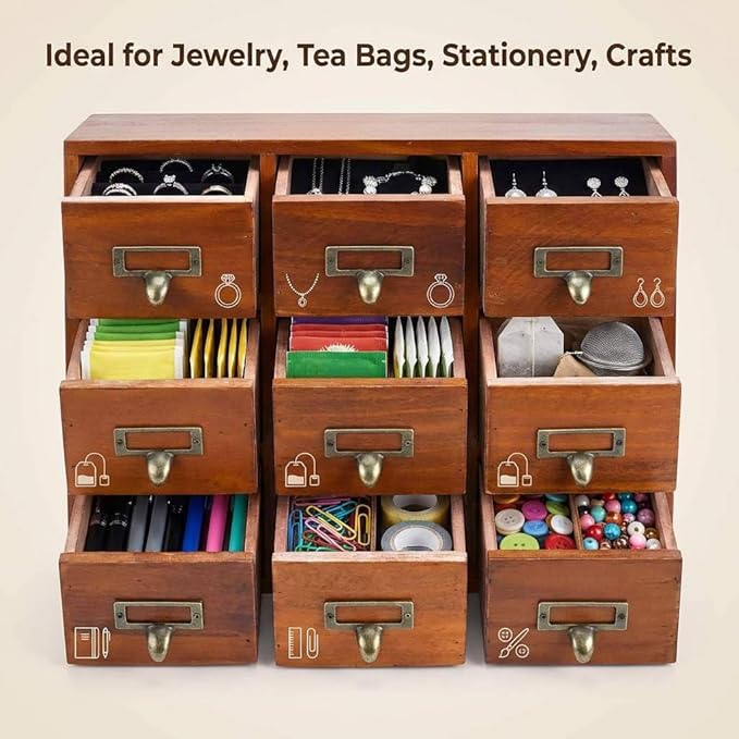 QWORK Desk Drawer Organizer, Wooden Vintage Apothecary Cabinet with 9 Drawers, Home Office & Tea & Dresser Bedroom Organization and Storage, Traditional Apothecary Cabinet