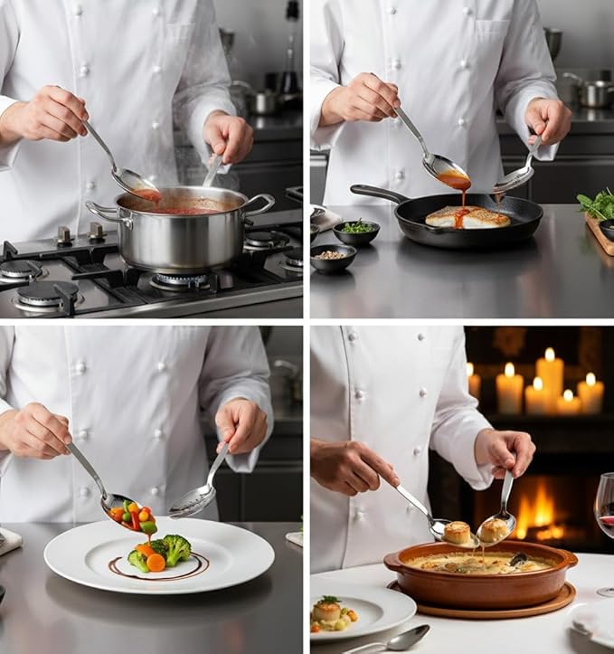 Kunz Perforated and Regular Set | Pack of 2 | 9 Inch 18/10 Stainless Steel Cooking Serving Spoon | Daily Chef, Basting, Quenelle, Saucing, Plating Spoon | Dishwasher safe
