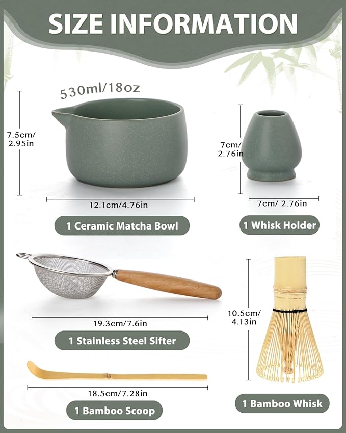 20OZ Matcha Whisk Set - 5PCS Chasen Set Includes Matcha Bowl with Spout, Bamboo Whisk with Ceramic Holder, Macha Scoop and Sifter, Matcha Kit for Ceremony, Gift for Matcha Lovers (Pale Gray-Green)