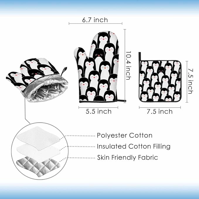 Cute Penguins Oven Mitts and Pot Holders Sets Antarctic Animal Funny Oven Mitt Heat Resistant 3pcs for Cooking Baking BBQ