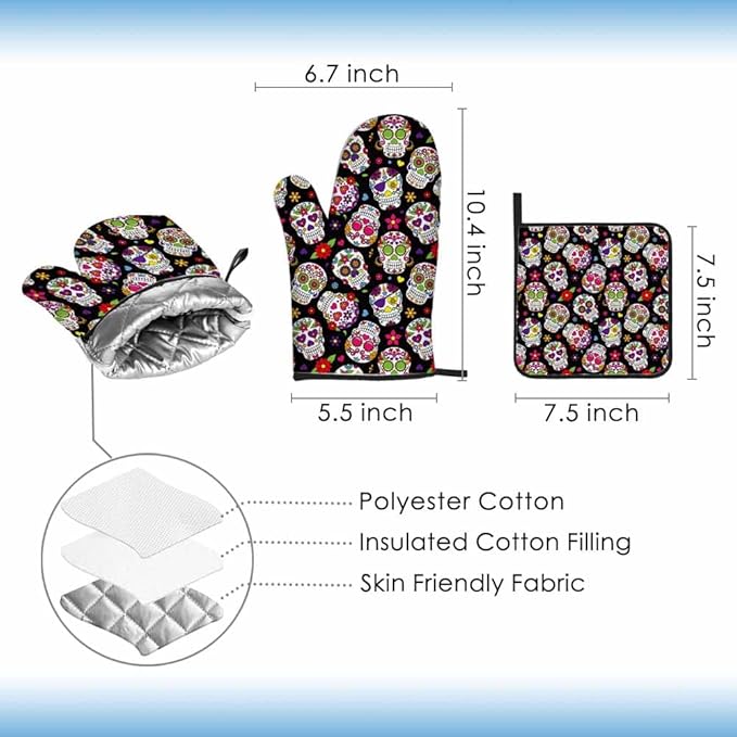 Sugar Skulls Oven Mitts and Pot Holders Sets Flower Texture Hearts Day of The Dead Heat Resistant 3pcs for Cooking Baking BBQ