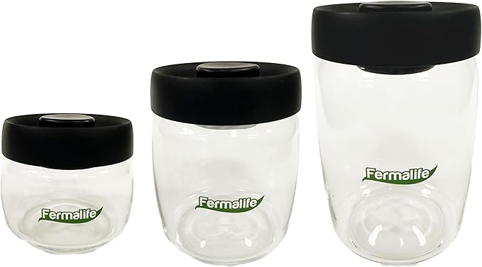 FERMALIFE - Food Storage Jar Containers, Borosilicate Glass Vacuum Seal Lids, Airtight Food Pantry Seal, Flour, Cereal, Pasta, Grains, Oats Canister | Size: 13.5oz, 27oz, 41oz (3pc set - BLACK)