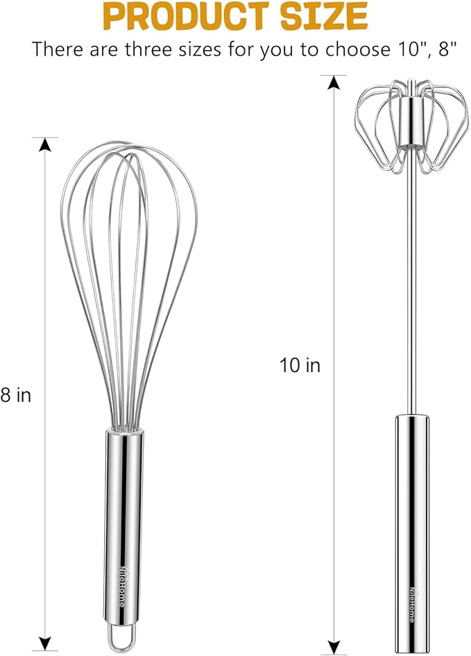 NileHome Stainless Steel Whisk 8" Hand Blender + 10" Semi-Automatic Rotary Kitchen Whisk Kitchen Wisk Wire Whisks for Cooking, Whisking, Blending, Beating, Stirring- 2 Pack...