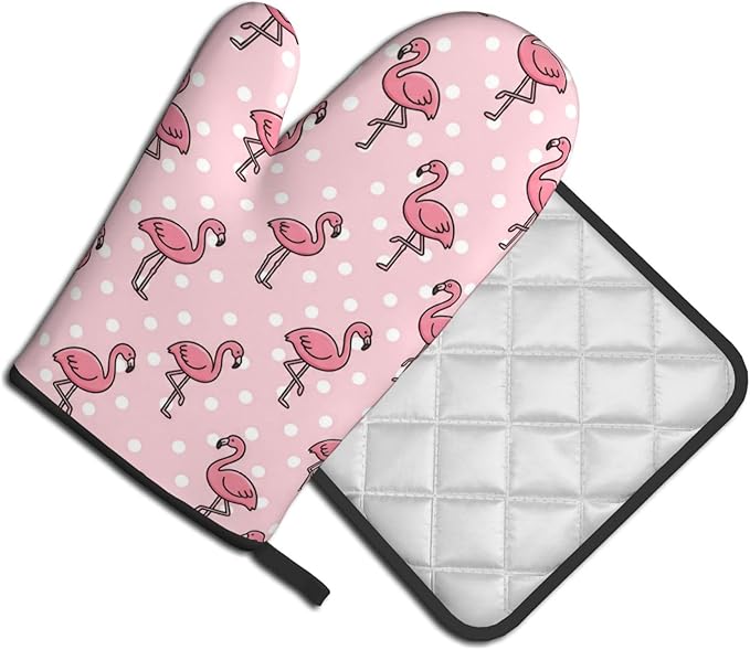 Pink Flamingos Oven Mitts and Pot Holders Pink Background Heat Resistant Oven Mitts Safe for Baking Cooking BBQ