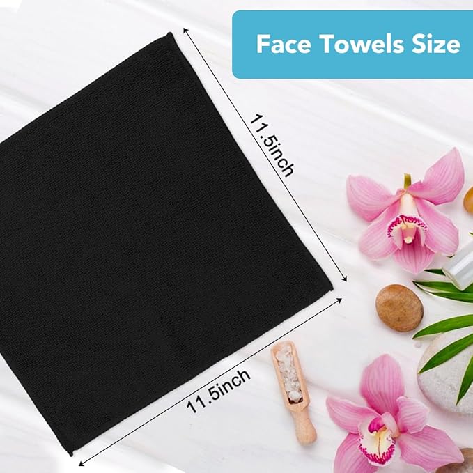 Orighty Washcloths Towels Set 10 Pack, Highly Absorbent and Soft Feel Microfiber Face Cloths, Multi-Purpose Wash Cloths & Hand Towels for Bathroom, Hotel, Spa, and Gym, 11.5x11.5 Inch, Black