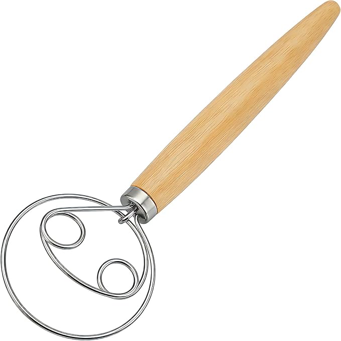 Danish Dough Whisk Stainless Steel Wooden Handle for Sourdough Bread Pastry and Pizza Baking