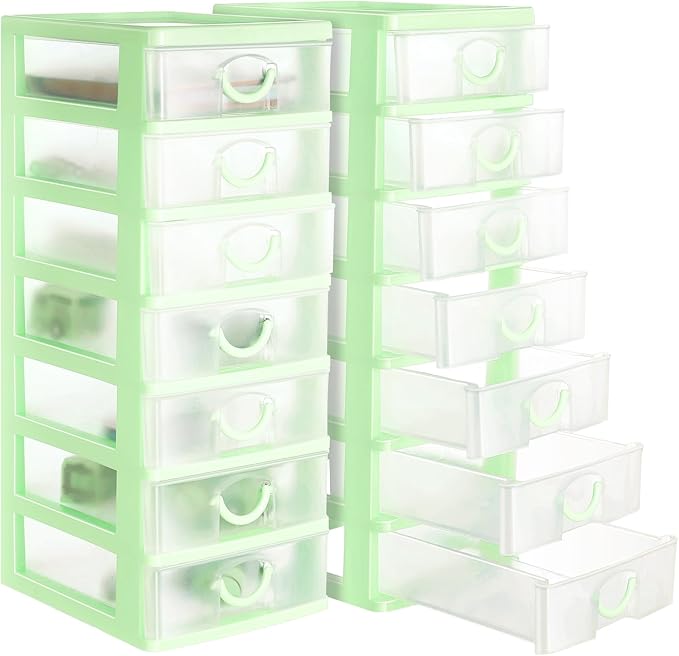 Thyle 2 Pcs Plastic Drawers Organizer Mini Organizer Stackable Plastic Clear Drawer Storage Box Containers Storage Units for Desktop Classroom Craft 6.7 x 4.9 x 13.4 inches(Green)
