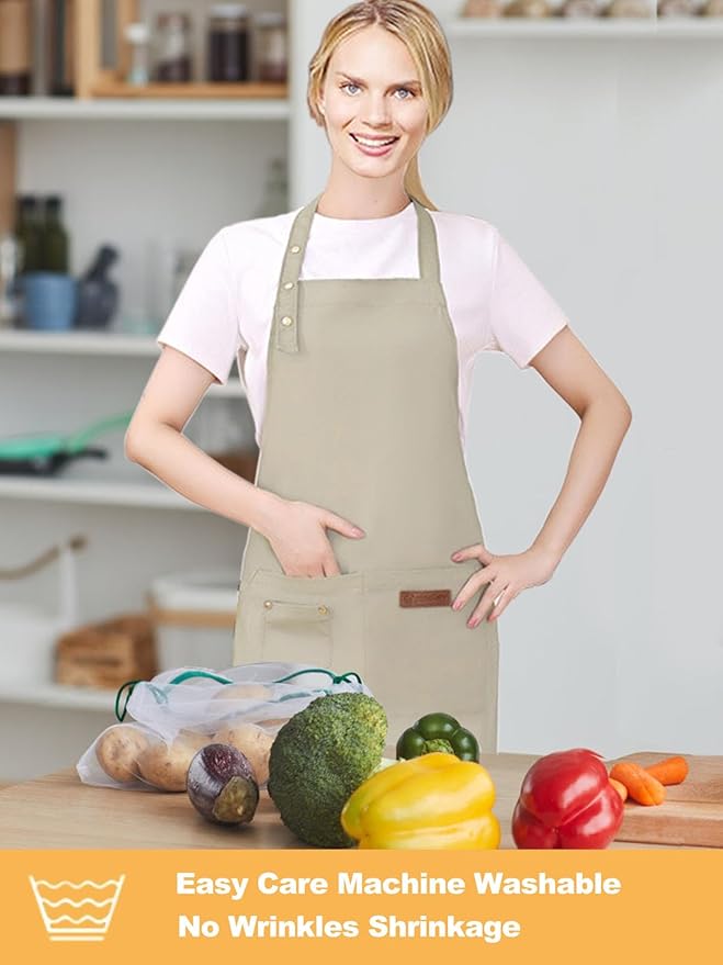 Kitchen Cooking Apron for Women Men with Big Pockets Canvas Waterproof Aprons for Server Pottery Artist Chef Apron