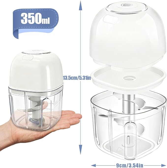 Tiiyee Electric Garlic Chopper, 350ML USB Garlic Mincer Masher Portable Veggie Chopper Blender to Vegetable Grinder Mini Food Processor 6 Stainless Steel Blade for Nuts Chili Onion Ginger Spices