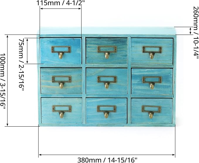QWORK Desk Drawer Organizer, Wooden Vintage Apothecary Cabinet with 9 Drawers, Home Office & Tea & Dresser Bedroom Organization and Storage, Traditional Apothecary Cabinet, Blue