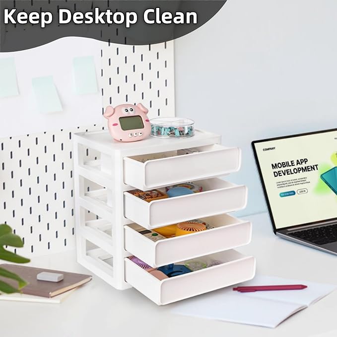 Covzoe Desk Drawer Organizer, 4 Tier Plastic Desktop Storage Unit, Small Storage Bin Container for Countertop, Makeup, Stationery, Art Crafts, Home Office Bathroom, White