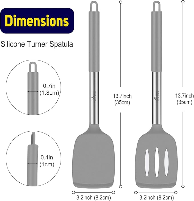 HOTEC Silicone Spatula Set of 2 Heat-Resistant 600°F & BPA-Free Kitchen SaptulaTurner with Stainless Steel Handles, Slotted & Solid Spatulas for Nonstick Cookware, 13.7 Inch, Grey
