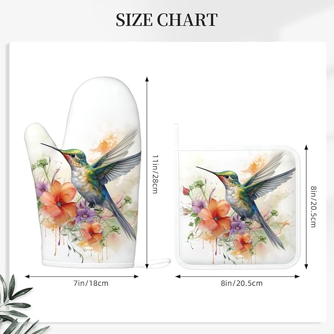 Oven Mitts and Pot Holders Watercolor Hummingbird Flower Silicone Kitchen Accessories Set of 2 Heat Resistant Long Gloves Potholder Non-Slip Grip for Chef Cooking,Baking,Grilling,BBQ