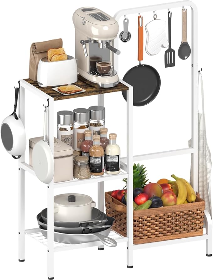 mocomax Kitchen Stand Shelf with Storage, 3-Tier Utility Baker's Rack for Spices, Adjustable Coffee Bar Station with 8 Hooks, Space-Saving Microwave Oven Stand for Pots, Pans & Utensils, White