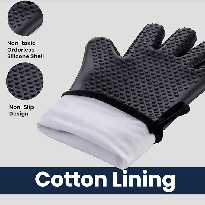 GEEKHOM BBQ Gloves Heat Resistant, 13.7 Inch Long Waterproof Silicone Oven Mitts for Grilling and Smoker, Non-Slip 5 Finger Kitchen Hot Mitts for Baking, Cooking & Cast Iron, Black