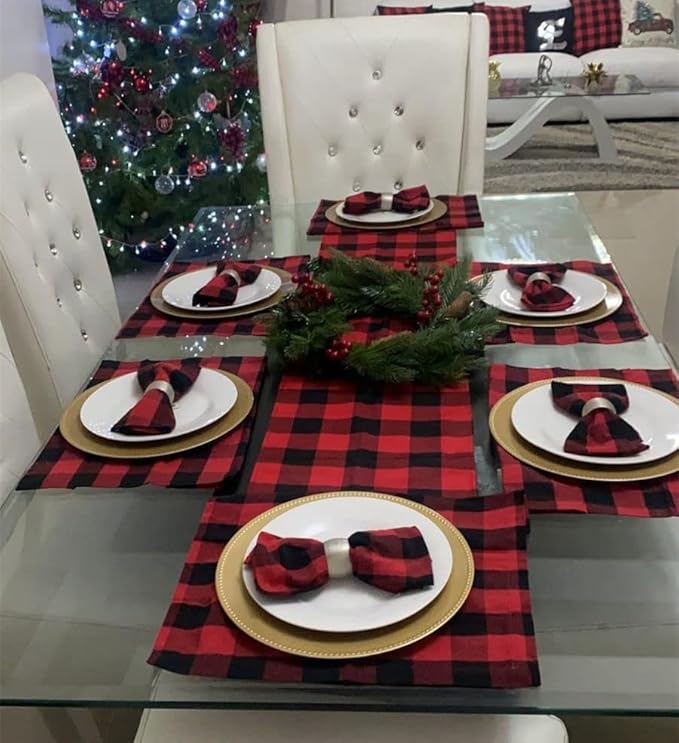 DUOBAO Checkered Placemats Set of 4, 12x18 Inch Red Black Buffalo Plaid Table Mats, Farmhouse Kitchen Dining Decor for Holidays, Weddings, Christmas, Thanksgiving, Parties