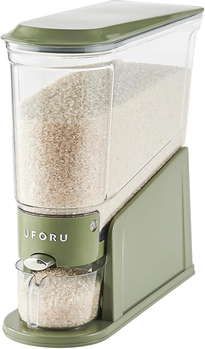 Rice Dispenser, Slim Rice Storage Container for Small Space, BPA-Free Clear Dry Food Dispenser Sealed Moisture Proof, Grain Storage Bucket for Kitchen Pantry Household (Green11Lbs)