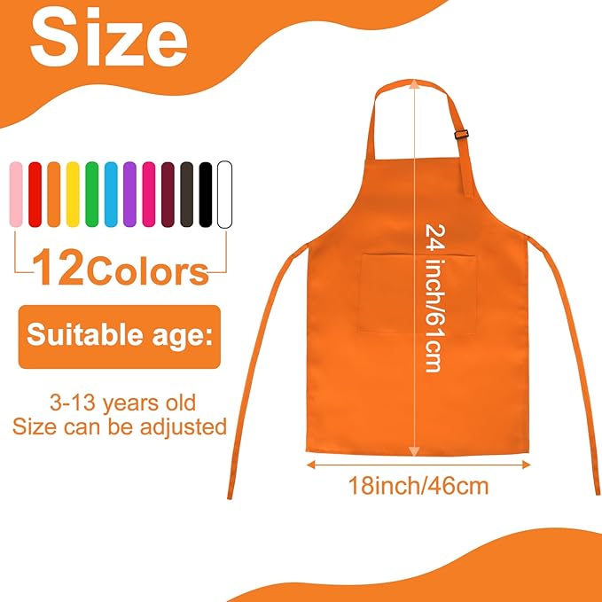 12 Pack Kids Apron bulk with 2 Pockets Adjustable Chef Art Apron Kids Painting Aprons for Cooking Baking Painting Crafting Grilling Activity（12 Color）