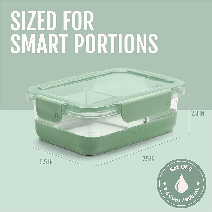 Ello Duraglass Refresh 3.4 Cup Divided Meal Prep Set 10Pc, 5 Pack, 2 Compartment Glass Food Storage Container with Silicone Boot and Airtight BPA-Free Plastic Lids, Dishwasher & Microwave Safe, Glade