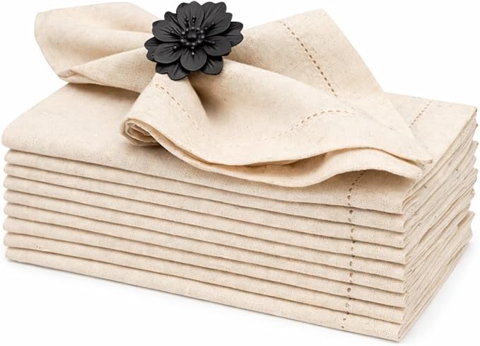 Linen Flax Cotton Cloth Dinner Napkins Set of 24-18x18 Natural Fabric with Hemstitched Mitered Corners - Machine Washable Wedding, Cocktail & Party Table Napkins - Natural