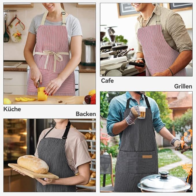 NLUS 2 Pack Kitchen Cooking Aprons, Adjustable Bib Soft Chef Apron with 2 Pockets for Men Women (Black Pinstripes/Pink Pinstripes)