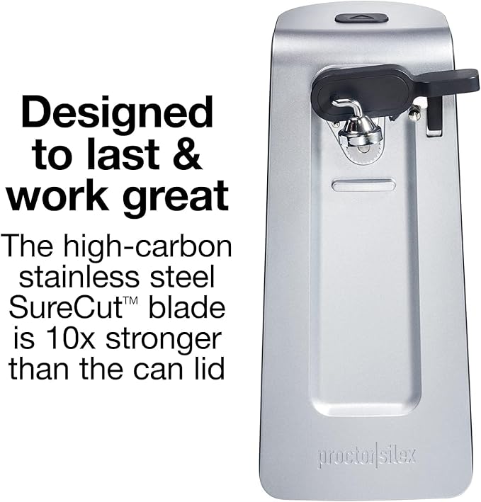 Proctor Silex SureCut Electric Automatic Can Opener for Kitchen with Stainless Steel Blade, Twist-off Easy-Clean Lever, Cord Storage, Extra Tall, Silver (75225)