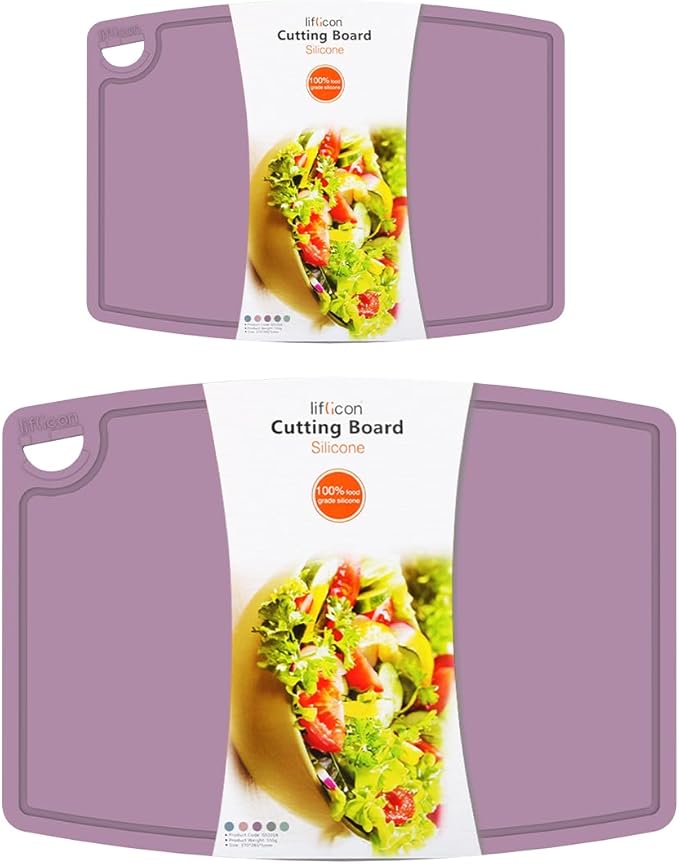 Liflicon Thick Cutting Boards for Kitchen Silicone Chopping Board Set of 2 Mid 12.6'' x 9.1”,Mini 9.1”x7.1” Non-slip Deep Drip Juice Groove Easy Grip Handle,Dishwasher Safe-Plum Purple