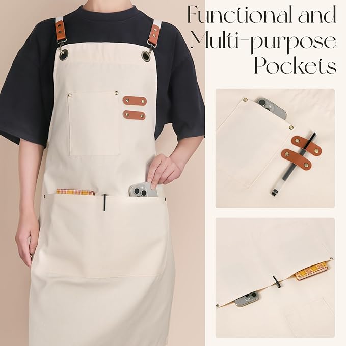 Chef Aprons for Men Women with Large Pockets, Cotton Canvas Water Repellent Kitchen Apron for Cooking