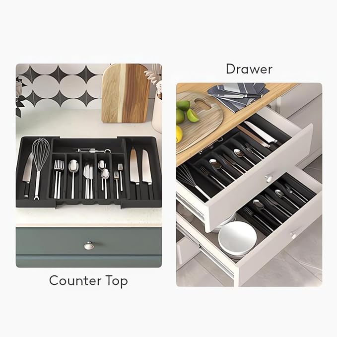 Iopsk Flatware Organizers - Kitchen Drawer Organizer for Utensils and Silverware Expandable Silverware Holder and Cutlery Tray Black Kitchen Decor and Accessories Large Storage Capacity