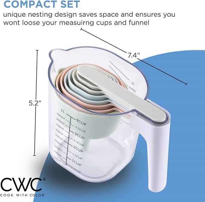 COOK WITH COLOR Measuring Cup Set - 9 PC. Nesting Stackable Liquid Measure Cup, Dry Measuring Cups and Spoons with Funnel and Scraper (Pastel)