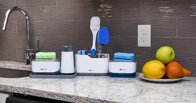 OMAIA Sink Caddy - Sink Organizer for Home, Kitchen, Wash Basin - Holder with Removable Dividers for Sponge, Brush, Toothbrush… White