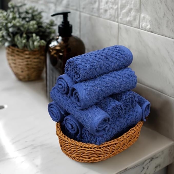 COTTON CRAFT Euro Spa Waffle Wash Cloth - Set of 12 Luxury Pure Ringspun Cotton Waffle Weave Bathroom Face Towel - Everyday Absorbent Hotel Gym Shower Beach Kitchen Travel Dorm - 12x12 inches - Blue