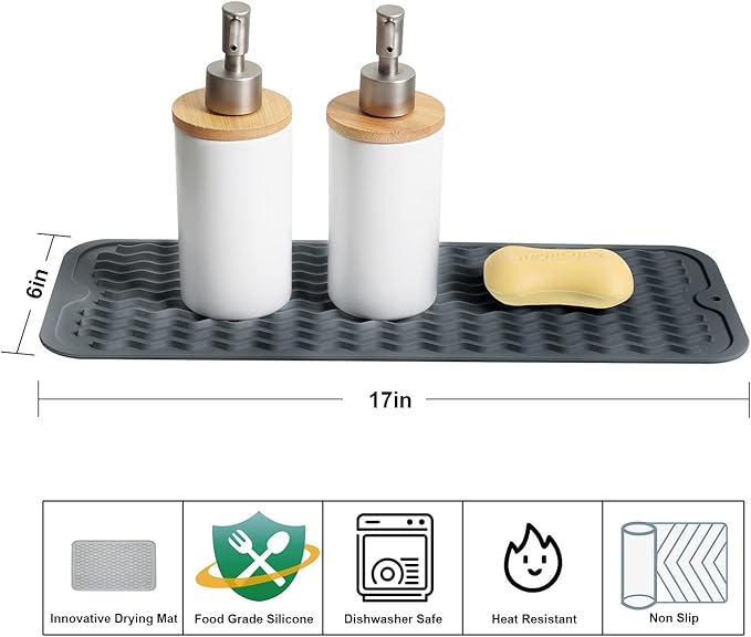 ZLR 2 Pcs Silicone Sponge Holder & Sink Caddy Tray (6" x 17") - Narrow Dish Drying Mat for Kitchen Counter - Waterproof Soap Dispenser Organizer, Non-Slip Bathroom Vanity Tray (Dark Gray)