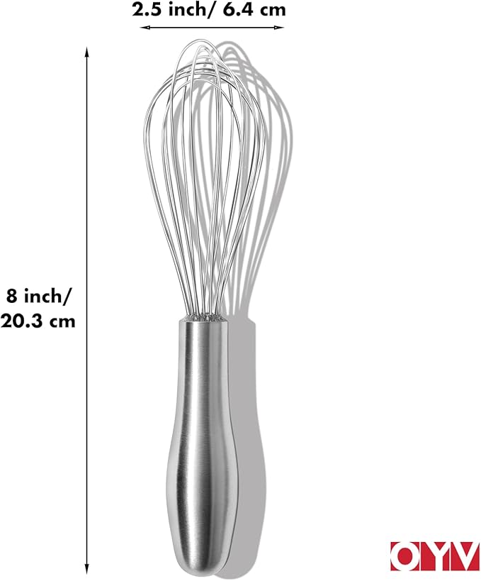 OYV 8" Whisk, Ergonomic Handle, Dishwasher Safe 18/10 Stainless Steel Whisk, Professional Kitchen Metal Wisk, Perfect for Whisking, Blending, Beating, and Baking