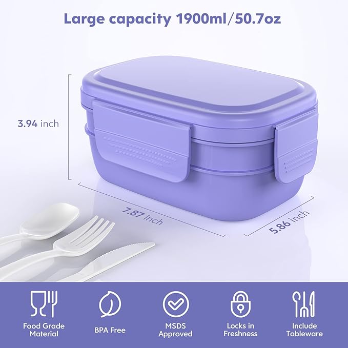 HOMETALL Stackable Bento Box for Adult Kids, Large Capacity 1900ml , Leak-Proof Lunchbox Containers with Utensil Set for Dining Out, Work, Picnic, School
