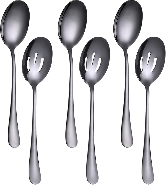 6 Pieces Serving Spoons Set 8.7 Inch, Includes 3 Serving Spoon and 3 Slotted Spoon, Stainless Steel Buffet Banquet Spoons, Large Kitchen Utensils Cutlery, Black