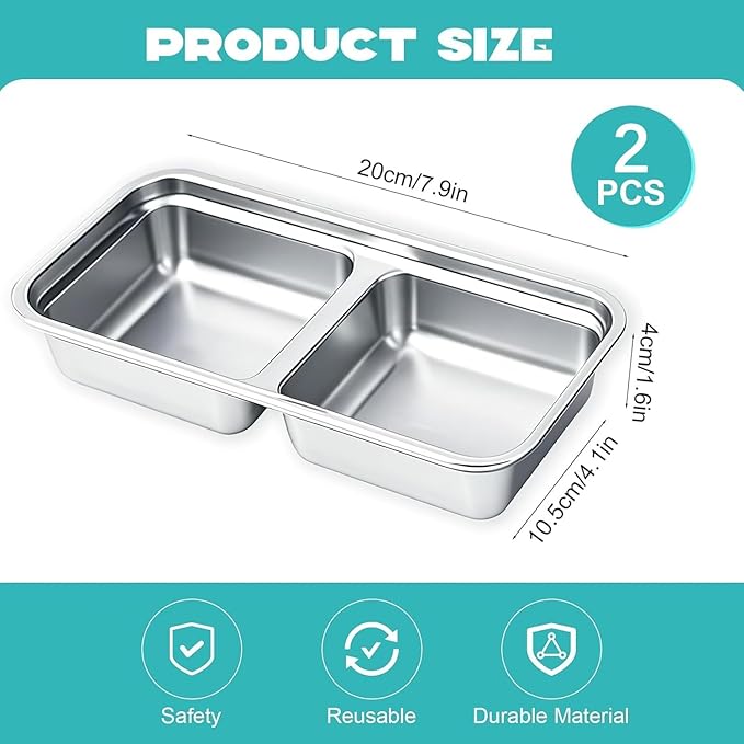2Pcs Stainless Steel Snack Containers, 2 Compartments Portable Food Storage Bento Boxes with Lids, Divided Meal Prep Lunch Box Food Container Dishwasher Safe