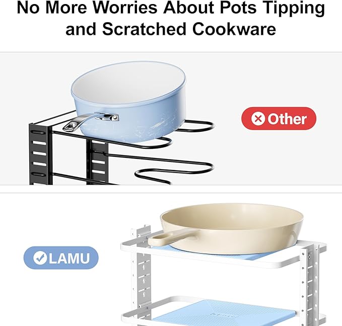 LAMU Pots and Pans Organizer for under Cabinet, 6-Tier Heavy Duty Pan Pot Organizers inside Cabinet Adjustable 14 to 24.57", Pot Rack Kitchen Cabinet Organization and Storage Holds up to 12" Cookware