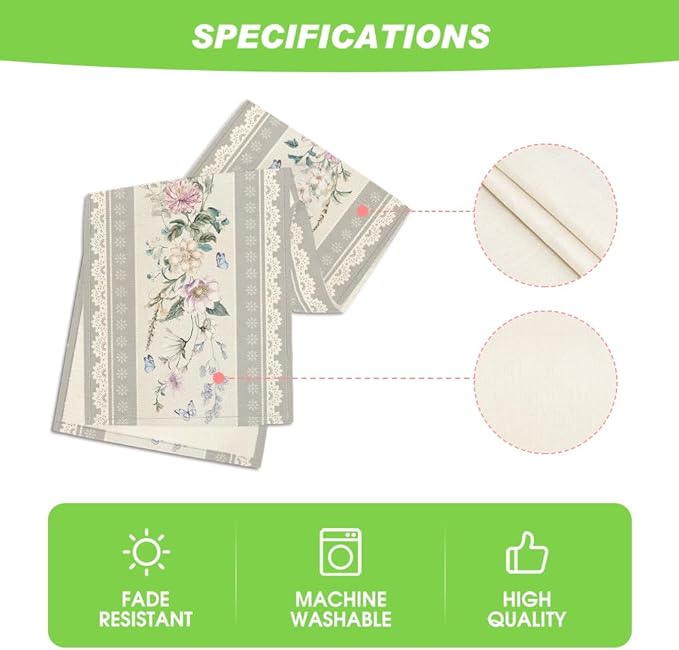 Artoid Mode Printed Lace Floral 210 GSM Spring Table Runner, Seasonal Summer Kitchen Dining Table Decoration for Home Party Decor 13x72 Inch