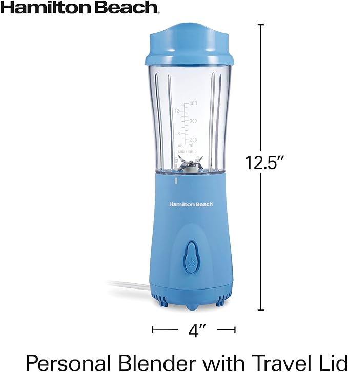 Hamilton Beach Portable Blender for Shakes and Smoothies,14 Oz BPA Free Travel Cup & Lid,Durable Stainless Steel Blades,Personal Smoothie Blender,Tranquil Blue (51172),(Pack of 4)