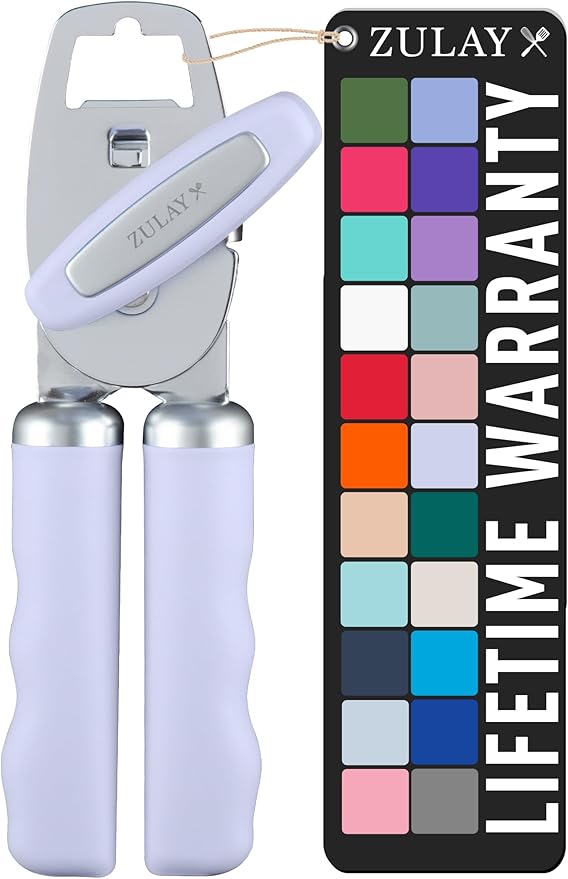 Zulay Kitchen Heavy Duty Stainless Steel Can Opener Manual with Bottle Opener - Rust Proof Manual Can Opener With Turn Knob & Comfy Soft Grip Handles - Light Lilac