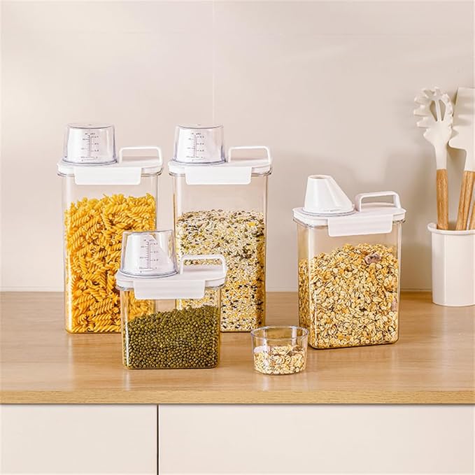 2Pcs Rice Dispenser Storage Containers, 1.1L Small Rice Bucket with Measuring Cup & Pour Spout, Kitchen Plastic Airtight Container for Cereal, Grain, Flour, Sugar, Oatmeal, Dry Pet Dog Food
