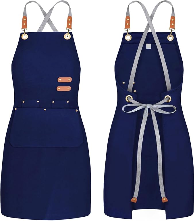 BeLuyi chef apron bib tool apron for man woman cross back straps with 4 pockets for kitchen cooking gardening baking working