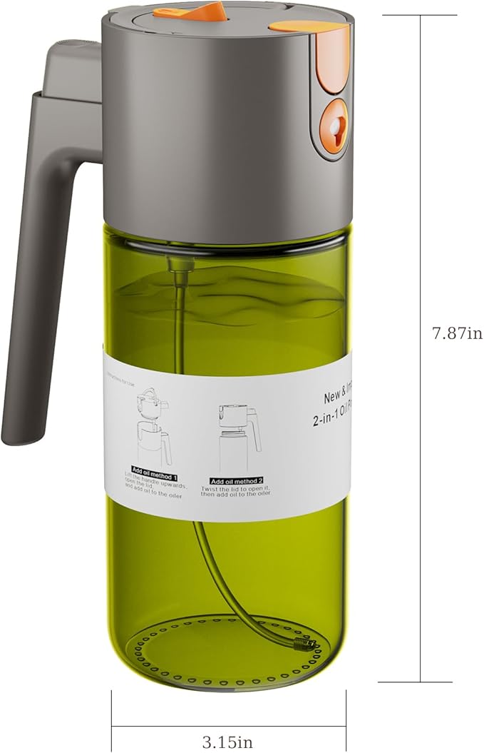 LUKUMIQI 2 in 1 Oil Sprayer for Cooking, 17oz Light-Blocking Glass Spray Bottle with Stickers, Oil Dispenser for Salad, Air Fryer & BBQ