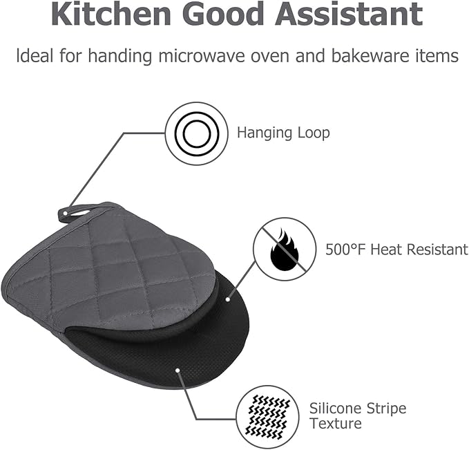Oven Mitts and Pot Holders Set, Pack of 4, Heat Resistant Silicone Kitchen Mini Oven Mittens for 500 Degrees, Mini Oven Gloves and Hot Pads for Baking Grilling Barbecue Microwave Machine Washable