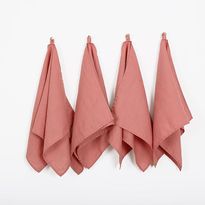 100% Linen Tea Towels - 14 x 28 Inch Pure French Linen Kitchen Dish and Hand Towels (Set of 4) (Pink)
