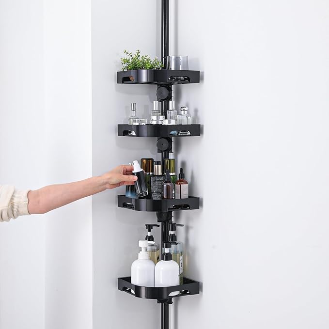 akinbas Tension Pole Shower Caddy Organizer with4 Tier L-Shaped Rust Resistant Bathroom Corner Shelves with 34-124 Inch Adjustable No Drilling Quick Install Shower Rack for Bath Essentials (Black)