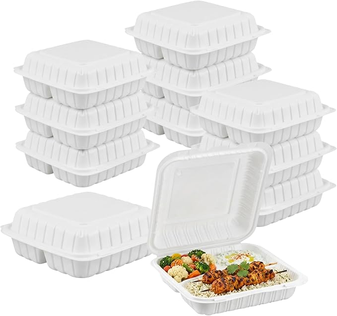 Front Lock MFPP Hinged Food Containers, 9" x 9" White Vented Clamshell – 3 Compartment Disposable Takeout Boxes, Durable Microwaveable Containers for Restaurants & Food Service – 150 Pack
