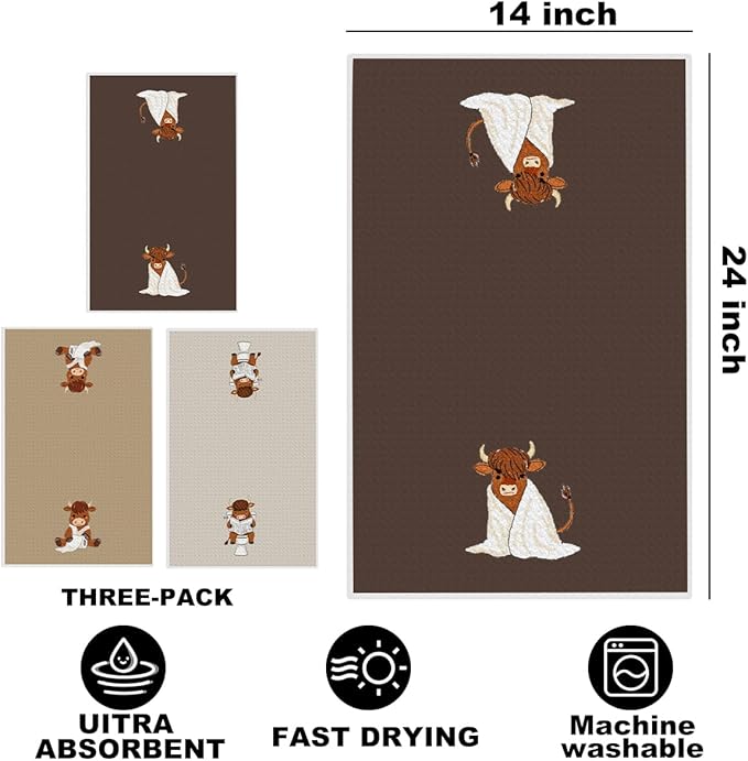 3 Pcs Funny Highland Cow Hand Towel for Bathroom, Cow Farmhouse Decorative Bath Towels for Bathroom Kitchen Decor Country Farm Highland Holiday Housewarming Gifts
