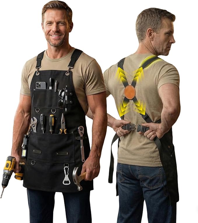 Heavy Duty Canvas Tool Aprons for Men: 6-Pocket, with Quick-Release Buckle, Ergonomic X-Cross Back, Adjustable Waist 28"–71", Mechanics Apron for Men, Ideal for Woodworking, Workshop, DIY & Carpentry